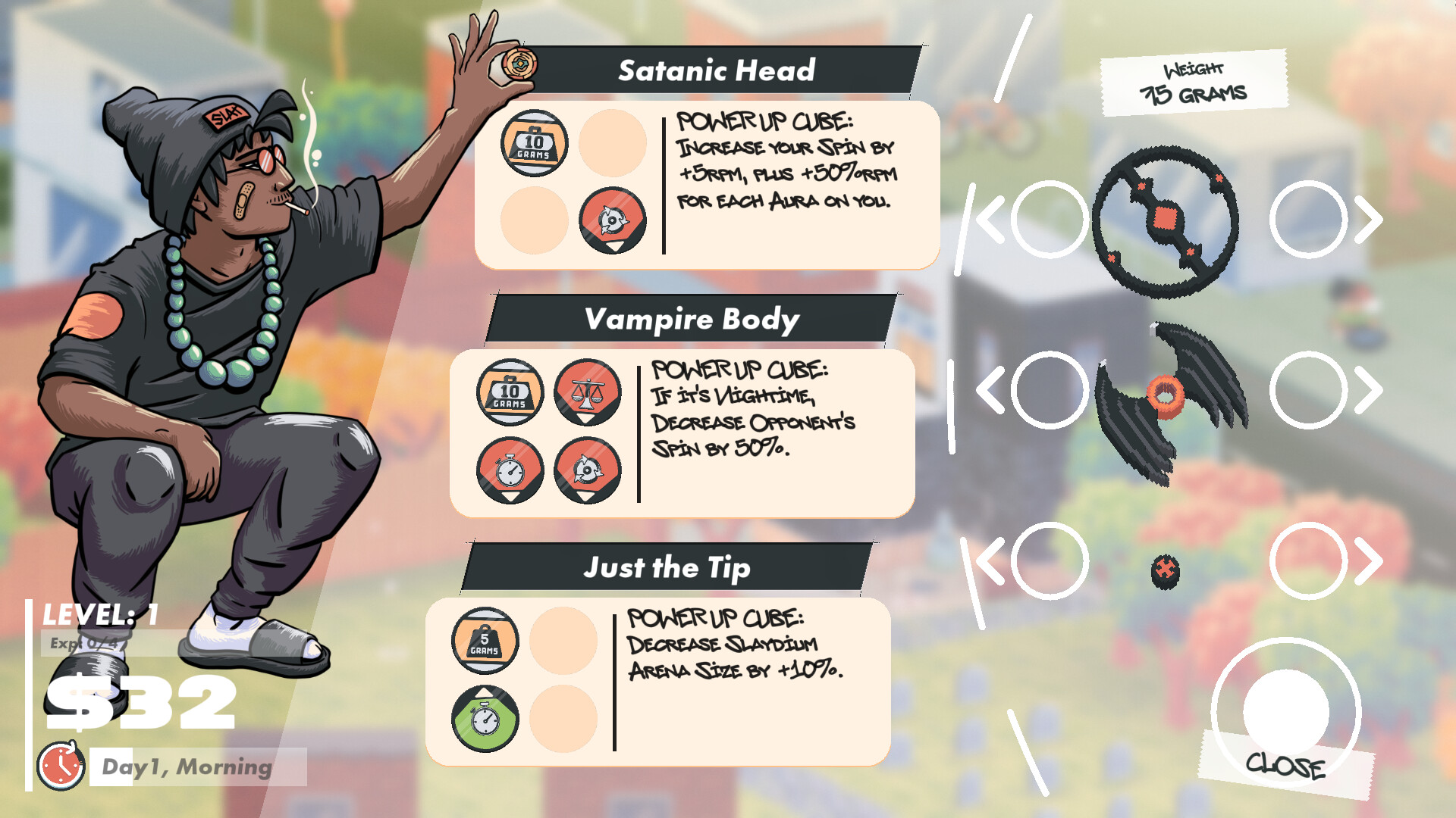 Official Slayblade screenshot — a battle-top duel in the colorful miniature city (Steam store page)